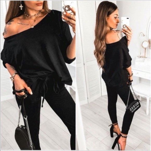 Aluna Levi Pants - BLACK OFF-SHOULDER LOUNGE SET 2 PIECES